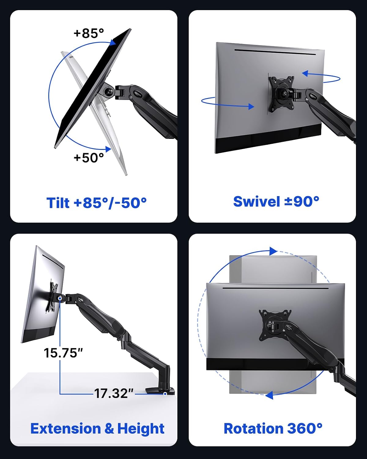 HUANUO FlowLift™ Single Monitor Mount, 13 to 32 Inch Monitor Arm, Adjustable Monitor Stand, Vesa Mount with Clamp and Grommet Base - Fits 4.4 to 19.8lbs LCD Computer Monitors - Image 5