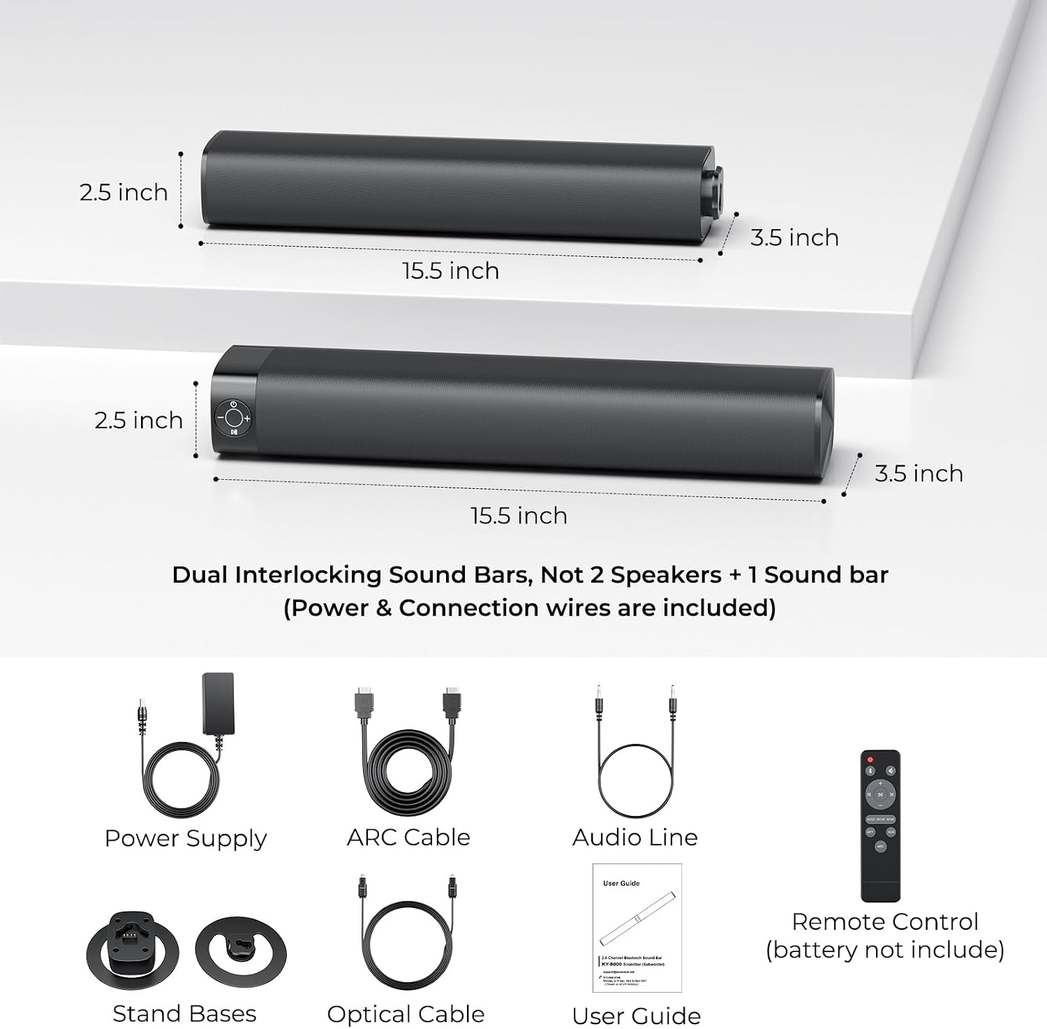 Sound Bar for Smart TV, Soundbar with Bluetooth/ARC/Opt/AUX Connect, Auto Volume Boost, 3 Equalizer Modes, 2 in 1 Detachable Soundbar for TV/PC/Gaming/Projectors - Image 8